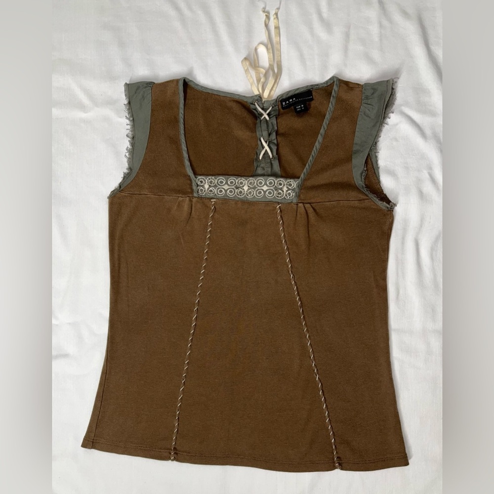 Zara Renaissance Style Top Beaded Lace Up Back Square Neck Cottagecore Brown, M